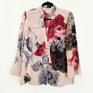 CITRON Silk Floral Textured Button Up Cream Red Top, M